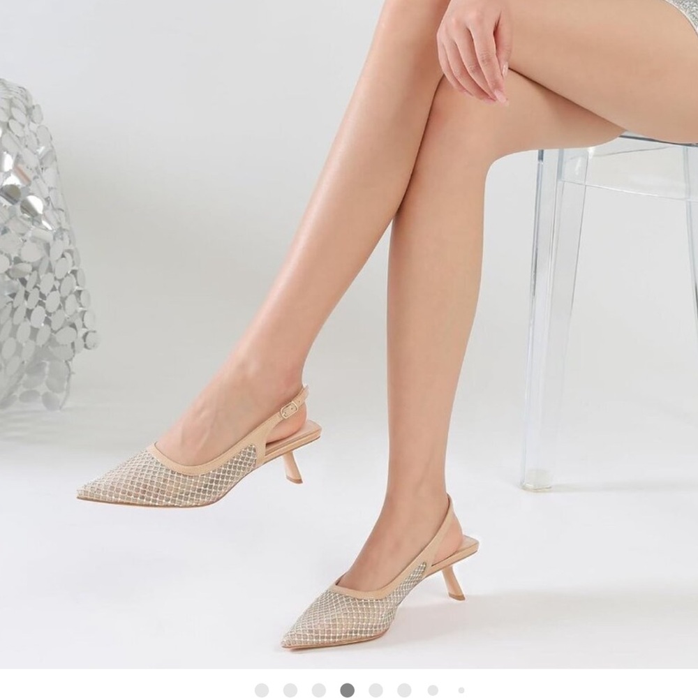 Aldo Slingback Tan Beige Gold Crystals Kitten Heel Size 8.5 NWOB
